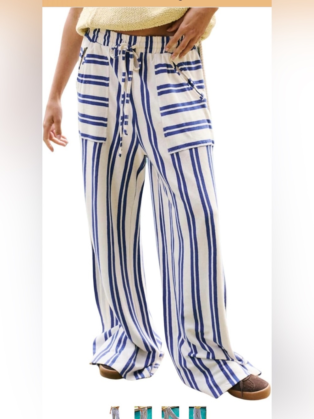 Striped Wide-Leg polyester Drawstring Pants - Navy on White